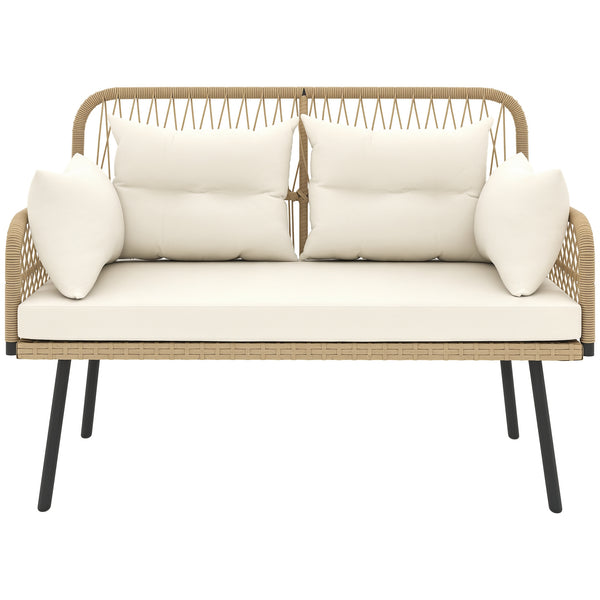 Canapé de jardin avec coussins et oreillers 2 places en résine tressée, canapé d'extérieur avec accoudoirs, cadre en acier galvanisé pour balcon, beige