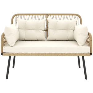 Canapé de jardin avec coussins et oreillers 2 places en résine tressée, canapé d'extérieur avec accoudoirs, cadre en acier galvanisé pour balcon, beige
