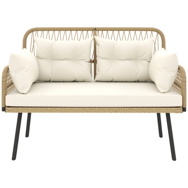 Canapé de jardin avec coussins et oreillers 2 places en résine tressée, canapé d'extérieur avec accoudoirs, cadre en acier galvanisé pour balcon, beige