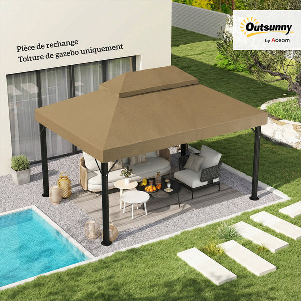 Toile de rechange pour pavillon toile de tonnelle 4 x 3 m, toit double avec trous de drainage, polyester haute densité 370 g/m², protection solaire UPF30+, TOILE INCLUS UNIQUEMENT, beige
