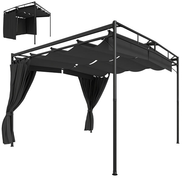 Pergola de Jardin 3x3m en Métal Robuste avec Toit Rétractable et Rideaux - Tonnelle de Terrasse avec Système de Poulie - 9m² Abri Extérieur Stable pour Salon de Jardin Gris Anthracite