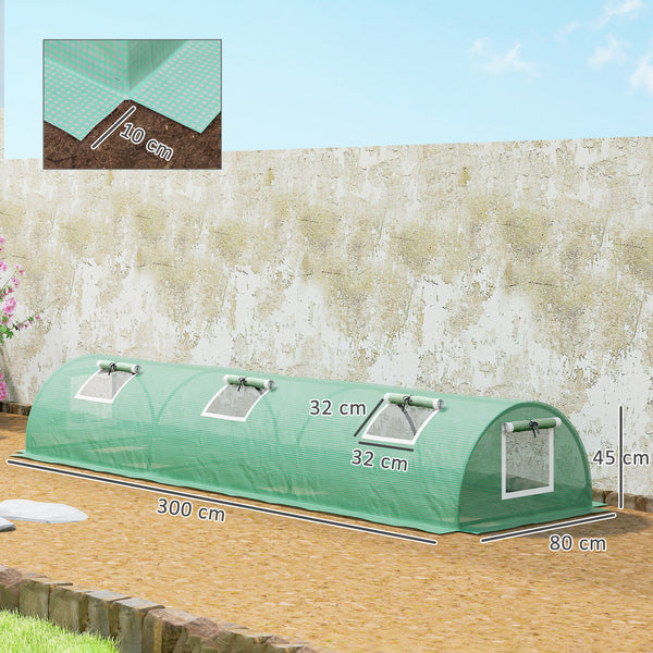 Mini Serre de Jardin mini serre tunnel à tomates 300 x 80 x 45 cm Acier PE Haute densité 140 g/m² Anti-UV 5 portes en filet enroulables vert