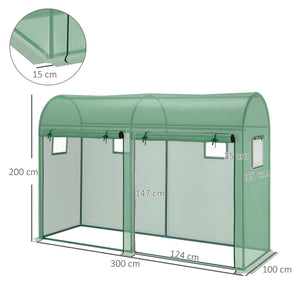 Serre de jardin 3 m² en PE, serre d'extérieur avec bâche renforcée 140 g/m² Anti-UV, châssis en acier, 2 portes zippées déroulantes et 4 fenêtres enroulables, 3 x 1 x 2 m, vert