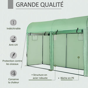 Serre de jardin 3 m² en PE, serre d'extérieur avec bâche renforcée 140 g/m² Anti-UV, châssis en acier, 2 portes zippées déroulantes et 4 fenêtres enroulables, 3 x 1 x 2 m, vert