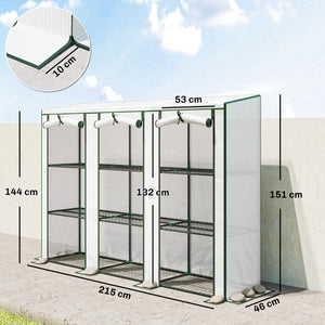 Serre de jardin PE avec étagères 3 niveaux, serre de balcon, bâche renforcée 140 g/m², châssis en acier, 2 portes zippées enroulables pour légumes plantes fleurs 215x46x151cm blanc