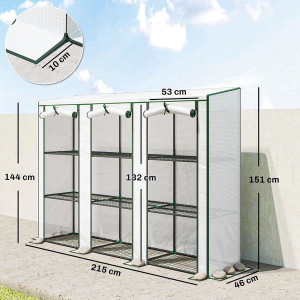 Serre de jardin PE avec étagères 3 niveaux, serre de balcon, bâche renforcée 140 g/m², châssis en acier, 2 portes zippées enroulables pour légumes plantes fleurs 215x46x151cm blanc