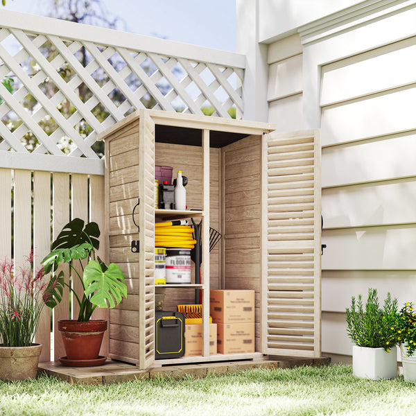 Armoire de Jardin Remise pour Outils en Bois 2 Étagères Toit Bitumé Portes Persiennes Verrouillable 75 x 50 x 118cm Naturel