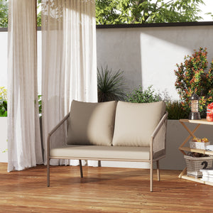 Canapé de jardin 2 places en résine tressée avec coussins, canapé d'extérieur avec accoudoirs, cadre en acier pour balcon, beige