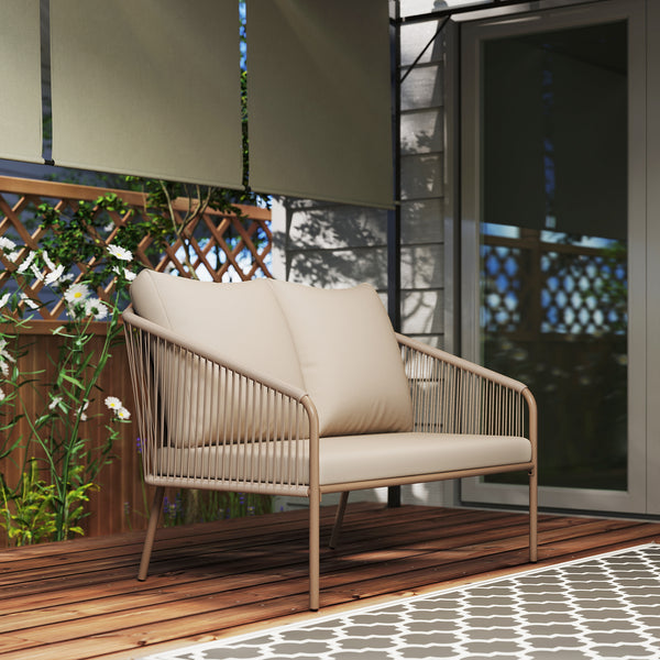 Canapé de jardin 2 places en résine tressée avec coussins, canapé d'extérieur avec accoudoirs, cadre en acier pour balcon, beige