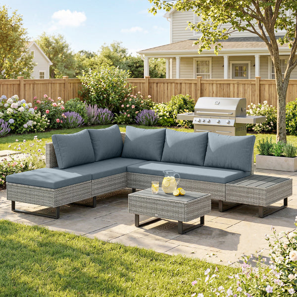 Salon de Jardin d'Angle 5 Places en Résine Tressée - Canapé Extérieur Modulable avec Méridienne Réglable - Ensemble Mobilier de Terrasse avec Table en Composite, Gris