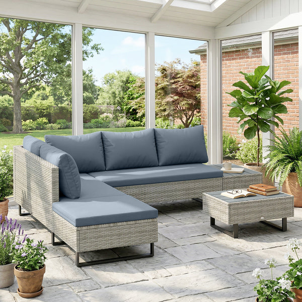 Salon de Jardin d'Angle 5 Places en Résine Tressée - Canapé Extérieur Modulable avec Méridienne Réglable - Ensemble Mobilier de Terrasse avec Table en Composite, Gris