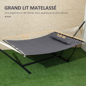 Hamac sur pied avec oreiller, hamac avec support acier, avec barres d'écartement, pour camping en plein air, plage, gris foncé