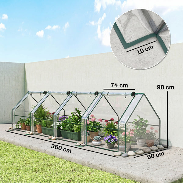 Mini Serre de Jardin mini serre tunnel 360L x 90l x 90H cm toit pointu Acier PE Haute densité 140 g/m² Anti-UV fenêtres avec Zip enroulables Transparent