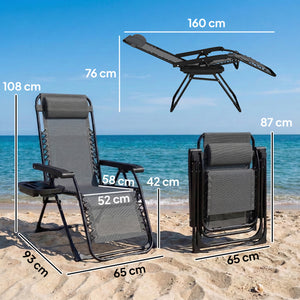 Chaise de Gravité Zéro, avec Accoudoirs, Coussin, Porte-Gobelet, Appuie-tête, Dossier Réglable, Bain de Soleil pour Jardin Plage Terrasse Camping, Gris Clair
