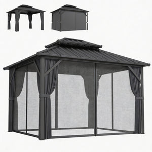 Pavillon 3 x 3,6 m avec Toit Rigide en Acier Galvanisé, Protection UPF50+, Cadre en Aluminium, Rideaux et Moustiquaire, Crochet de Plafond, Gris Foncé