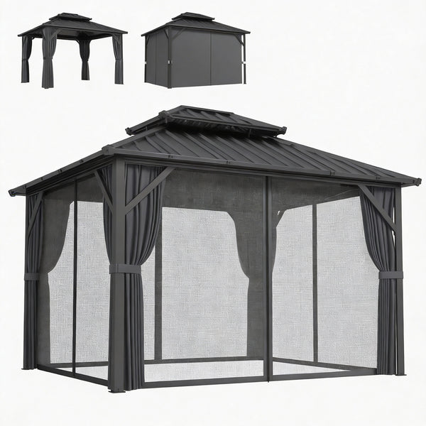 Pavillon 3 x 3,6 m avec Toit Rigide en Acier Galvanisé, Protection UPF50+, Cadre en Aluminium, Rideaux et Moustiquaire, Crochet de Plafond, Gris Foncé