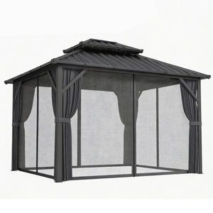 Pavillon 3 x 3,6 m avec Toit Rigide en Acier Galvanisé, Protection UPF50+, Cadre en Aluminium, Rideaux et Moustiquaire, Crochet de Plafond, Gris Foncé