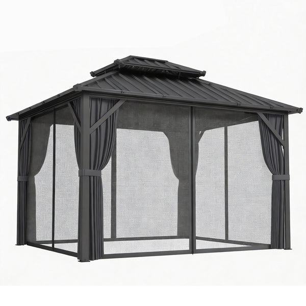 Pavillon 3 x 3,6 m avec Toit Rigide en Acier Galvanisé, Protection UPF50+, Cadre en Aluminium, Rideaux et Moustiquaire, Crochet de Plafond, Gris Foncé