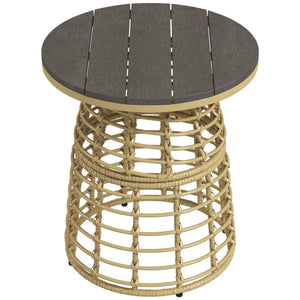 Table basse de jardin, table d'appoint extérieur ronde en résine aspect rotin métal et plateau composite, Ø 45 x 50 cm naturel