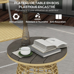 Table basse de jardin, table d'appoint extérieur ronde en résine aspect rotin métal et plateau composite, Ø 45 x 50 cm naturel
