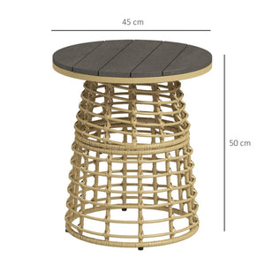 Table basse de jardin, table d'appoint extérieur ronde en résine aspect rotin métal et plateau composite, Ø 45 x 50 cm naturel