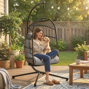 Fauteuil Suspendu Œuf avec Support, Balancelle Jardin Extérieur avec Panier Pliable en Rotin, Coussin Épais, Appui‑tête, Hauteur Réglable, Structure Métallique pour Intérieur et Extérieur, Gris clair