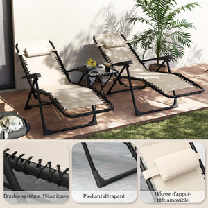 Lot de 2 chaise longue pliable et inclinable avec table d'appoint, fauteuil relax jardin de gravité zéro transat bain de soleil avec porte-gobelets et appuie-tête, charge 120 kg, beige