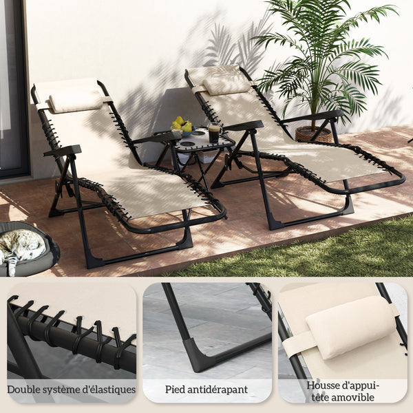 Lot de 2 chaise longue pliable et inclinable avec table d'appoint, fauteuil relax jardin de gravité zéro transat bain de soleil avec porte-gobelets et appuie-tête, charge 120 kg, beige