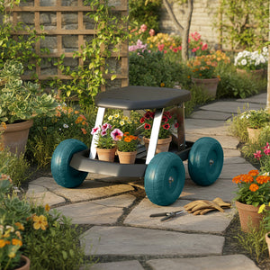 Siège de jardin sur roues tabouret de jardinage plateau à outils chariot jardinage avec siège pour désherber, planter, 50 x 49 x 32 cm vert foncé