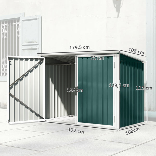 Cache Poubelle Double Acier Galvanisé pour 2 Poubelles de 240L - Abri de Jardin avec Couvercle Lié par Chaînes, Vérins à Gaz et Portes Verrouillables - Coffre de Jardin 179,5x108x129,5cm Vert