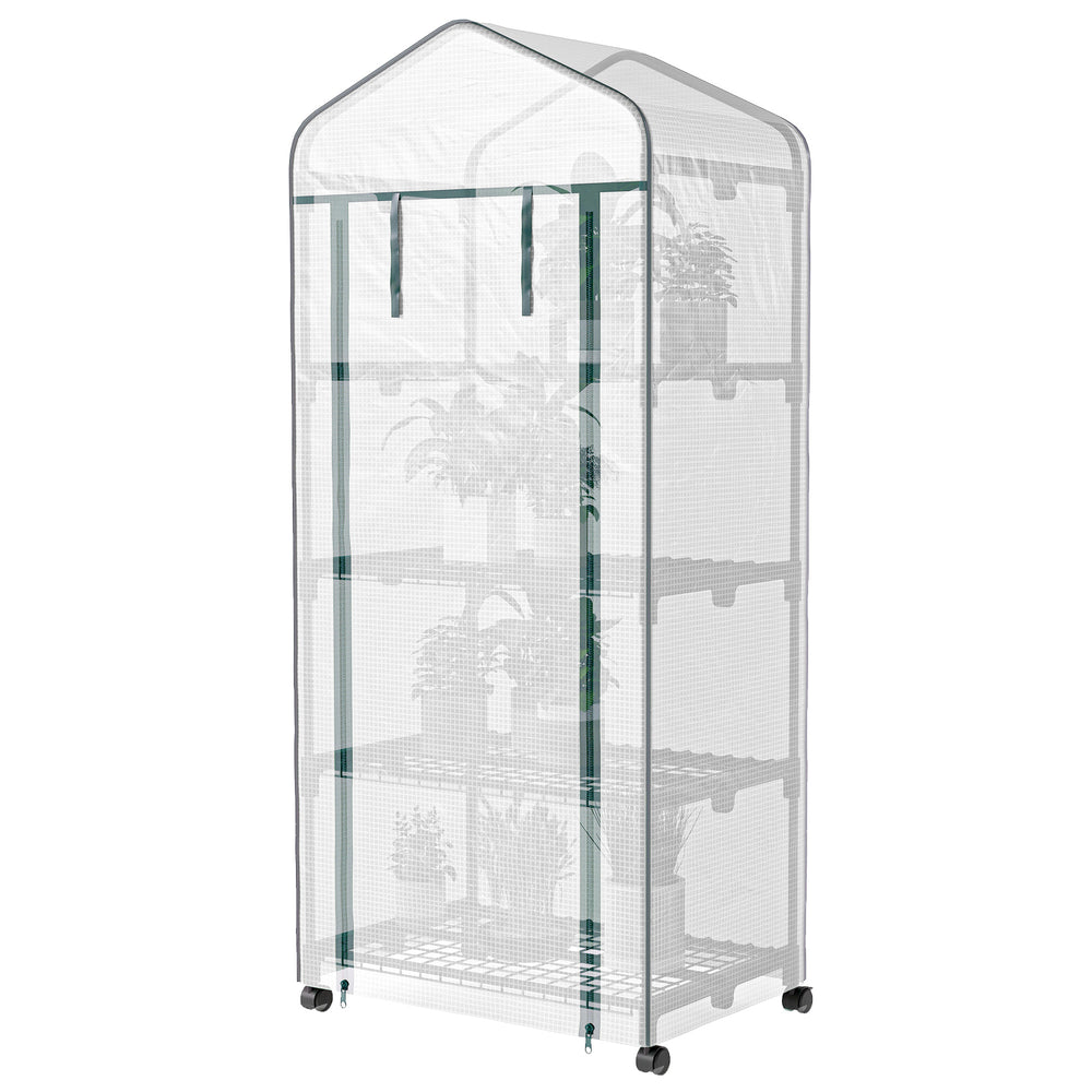 Serre de jardin avec étagères 4 niveaux, serre de balcon, bâche renforcée, châssis en acier, porte zippée, pour légumes plantes fleurs, intérieur et extérieur, 69 x 50 x 165 cm, blanc