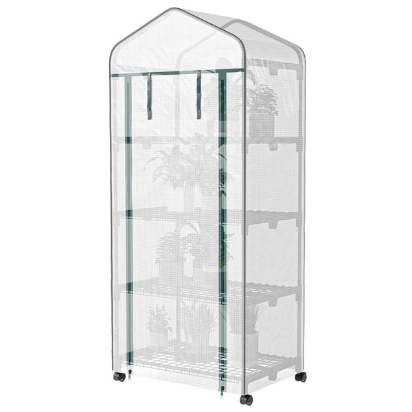 Serre de jardin avec étagères 4 niveaux, serre de balcon, bâche renforcée, châssis en acier, porte zippée, pour légumes plantes fleurs, intérieur et extérieur, 69 x 50 x 165 cm, blanc