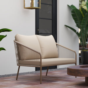 Canapé de jardin 2 places en résine tressée avec coussins, canapé d'extérieur avec accoudoirs, cadre en acier pour balcon, beige