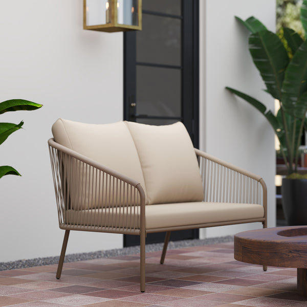 Canapé de jardin 2 places en résine tressée avec coussins, canapé d'extérieur avec accoudoirs, cadre en acier pour balcon, beige