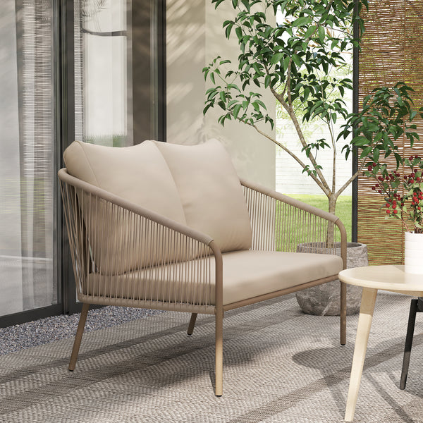 Canapé de jardin 2 places en résine tressée avec coussins, canapé d'extérieur avec accoudoirs, cadre en acier pour balcon, beige