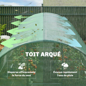 Serre tunnel de jardin 12m², serre de jardin tunnel 295x400x200cm avec cadre en acier galvanisé, porte et 8 fenêtres, pour extérieur, toutes saisons, bâche PE haute densité 140 g/m² vert