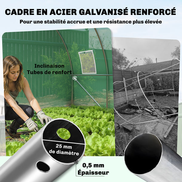 Serre tunnel de jardin 12m², serre de jardin tunnel 295x400x200cm avec cadre en acier galvanisé, porte et 8 fenêtres, pour extérieur, toutes saisons, bâche PE haute densité 140 g/m² vert
