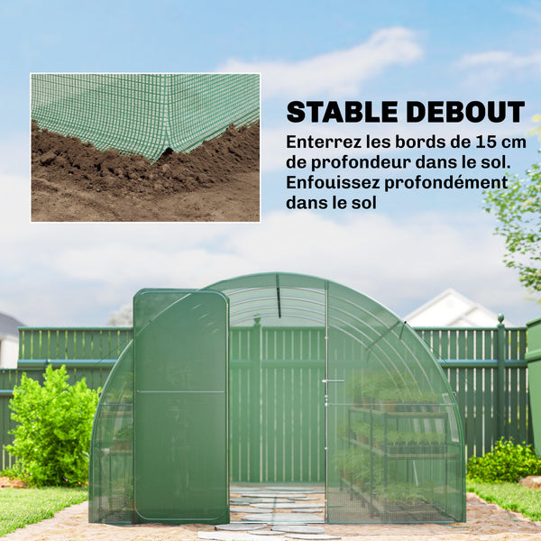 Serre tunnel de jardin 12m², serre de jardin tunnel 295x400x200cm avec cadre en acier galvanisé, porte et 8 fenêtres, pour extérieur, toutes saisons, bâche PE haute densité 140 g/m² vert