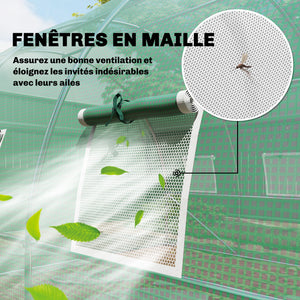 Serre tunnel de jardin 12m², serre de jardin tunnel 295x400x200cm avec cadre en acier galvanisé, porte et 8 fenêtres, pour extérieur, toutes saisons, bâche PE haute densité 140 g/m² vert