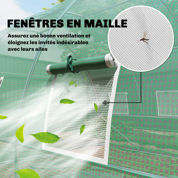 Serre tunnel de jardin 12m², serre de jardin tunnel 295x400x200cm avec cadre en acier galvanisé, porte et 8 fenêtres, pour extérieur, toutes saisons, bâche PE haute densité 140 g/m² vert