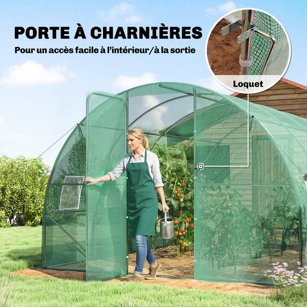 Serre tunnel de jardin 12m², serre de jardin tunnel 295x400x200cm avec cadre en acier galvanisé, porte et 8 fenêtres, pour extérieur, toutes saisons, bâche PE haute densité 140 g/m² vert