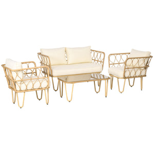 Ensemble salon de jardin 4 pièces canapé 2 places + 2 fauteuils + 1 table basse plateau verre trempé 7 coussins - métal et résine tressée - écru