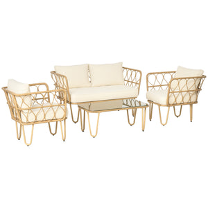 Ensemble salon de jardin 4 pièces canapé 2 places + 2 fauteuils + 1 table basse plateau verre trempé 7 coussins - métal et résine tressée - écru