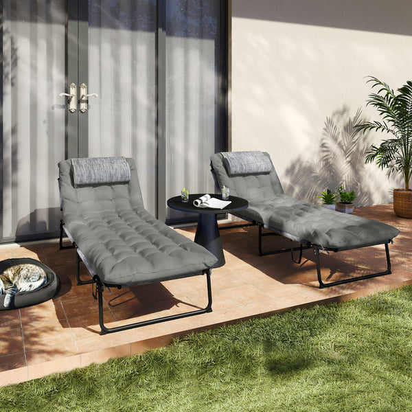 Lot de 2 transats bains de soleil pliable avec dossier inclinable 4 positions - appui-tête et Matelas épais ultra confortable - tissu textilène et acier, gris