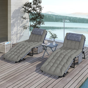 Lot de 2 transats bains de soleil pliable avec dossier inclinable 4 positions - appui-tête et Matelas épais ultra confortable - tissu textilène et acier, gris