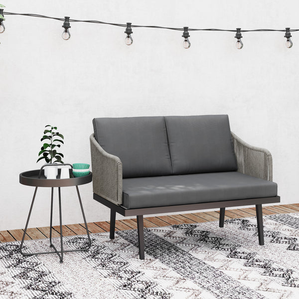 Canapé de jardin 2 places avec coussins en résine tressée, canapé d'extérieur avec accoudoirs, cadre en acier pour jardin, gris foncé