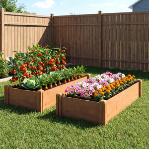 Carré Potager en Bois 234x109x25cm - Lit de Jardin Surélevé 4 Zones de Culture - Jardinière Extérieure à Fond Ouvert avec Montage sans Outil, pour Légumes, Fleurs, Marron Clair
