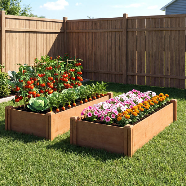 Carré Potager en Bois 234x109x25cm - Lit de Jardin Surélevé 4 Zones de Culture - Jardinière Extérieure à Fond Ouvert avec Montage sans Outil, pour Légumes, Fleurs, Marron Clair