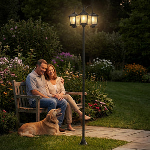 Lampadaire extérieur sur pied à 3 têtes, lampadaire solaire extérieur, éclairage LED, capteur automatique crépuscule à l'aube, IP44, hauteur 188 cm, pour jardin, cour ou allée, noir