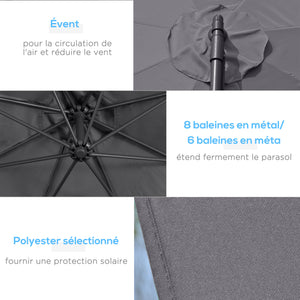 Parasol déporté octogonal rabattable diamètre 3 m parasol de jardin avec pied en croix gris